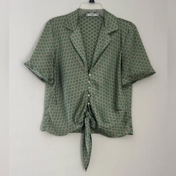 MNG Suit Women's Polka Dot Cuffed Short Sleeve Tie Front Blouse Size Large - Picture 2 of 8